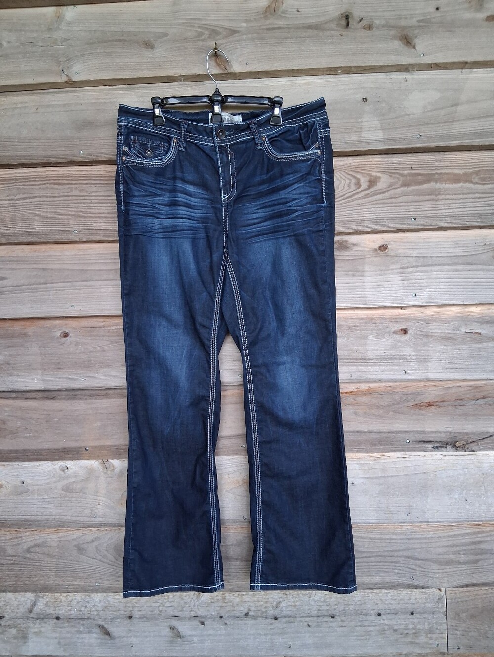 Vintage Y2K Hydraulic Gramercy Bootcut Jeans Dark Wash White Thick Stitch